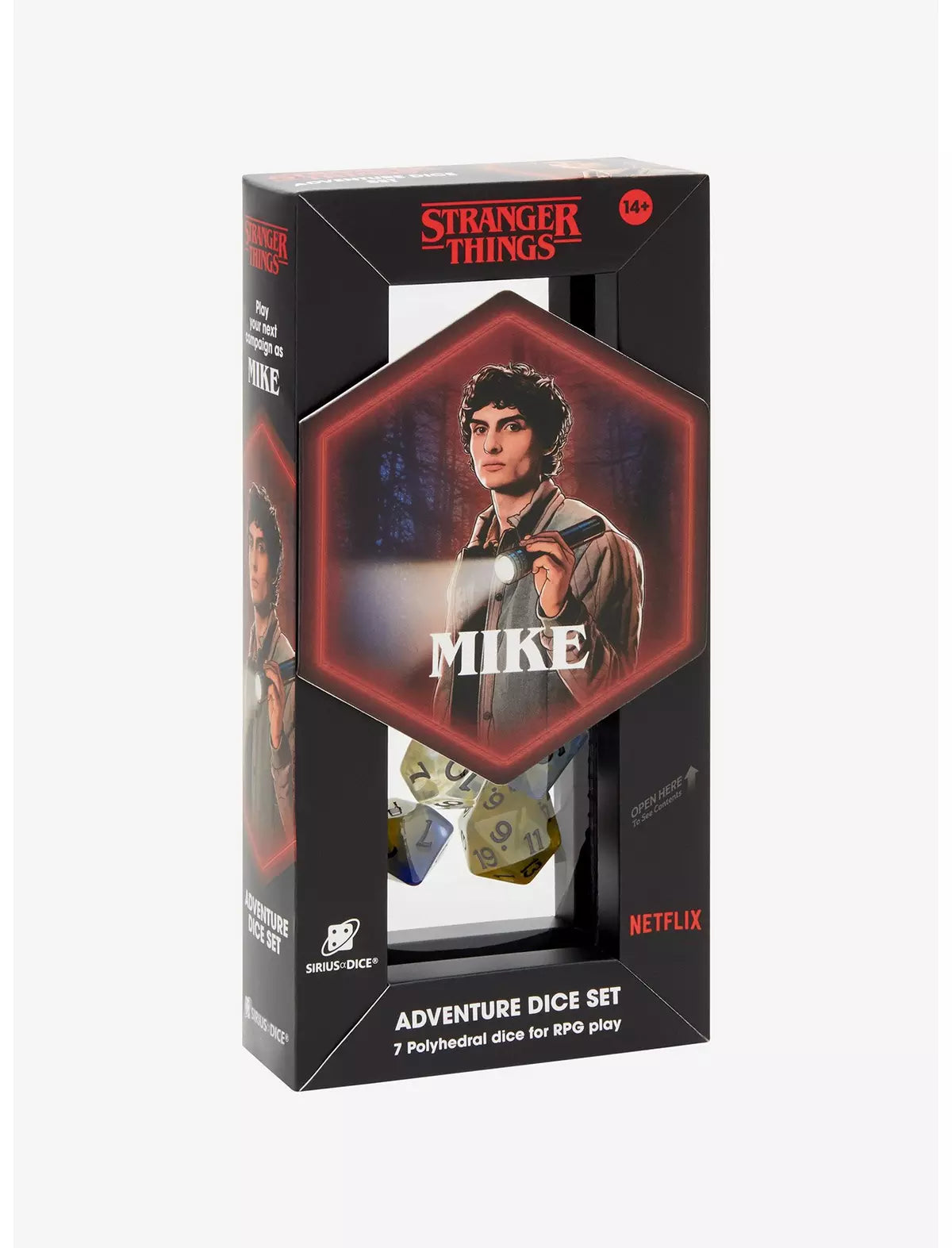 Stranger Things Mike adventure dice set packaging on a white background