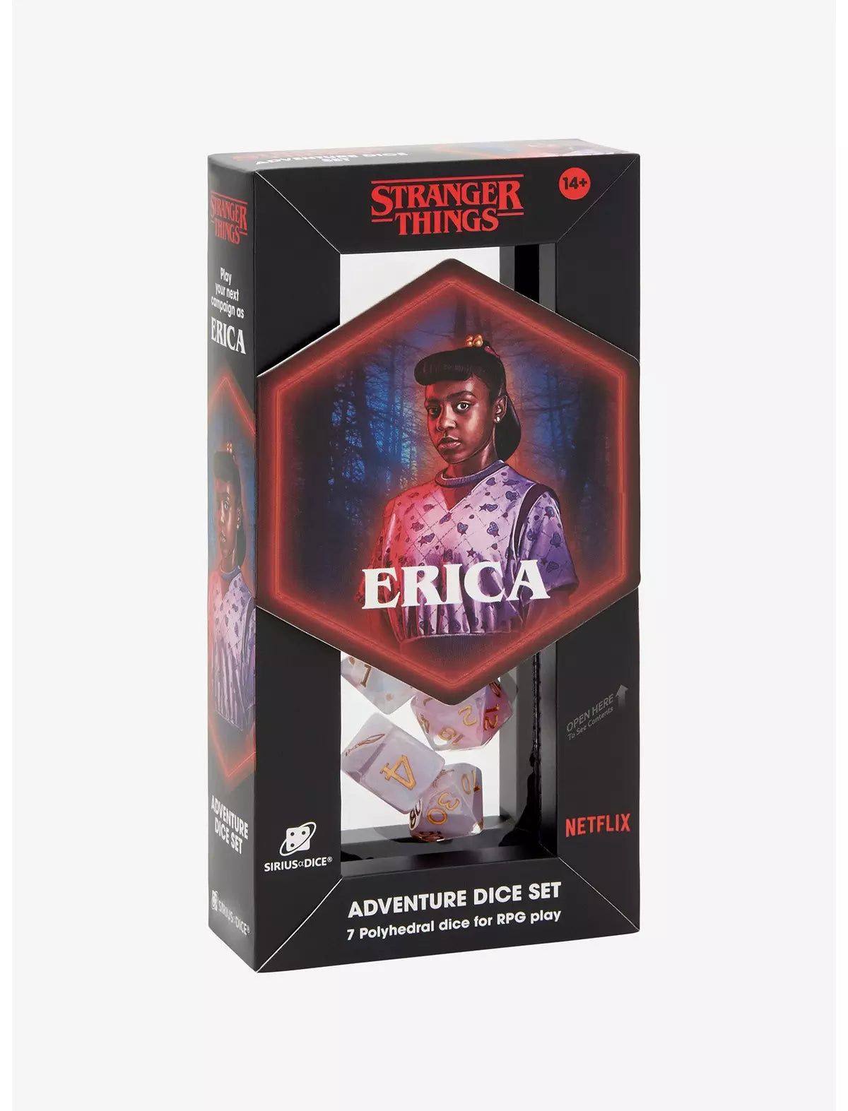 Stranger Things adventure dice set Erica packaging with character image and text.
