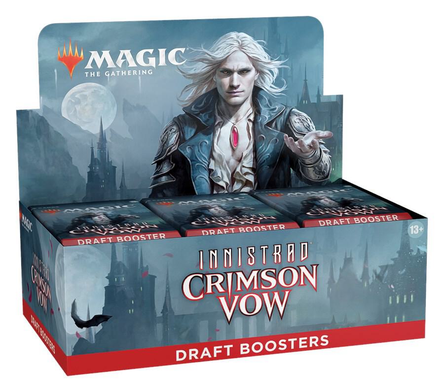 Box of 'Magic: The Gathering' Innistrad Crimson Vow Draft Boosters with character illustration on a white background.