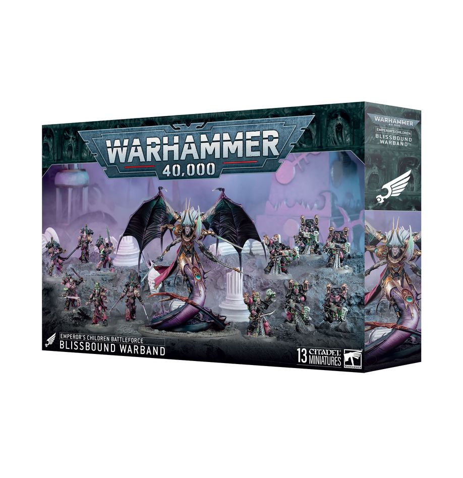Warhammer 40,000 game box with characters and dragon on a white background