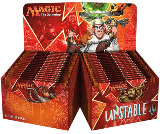 Display of 'Magic: The Gathering' Unstable booster packs with colorful artwork on a white background.