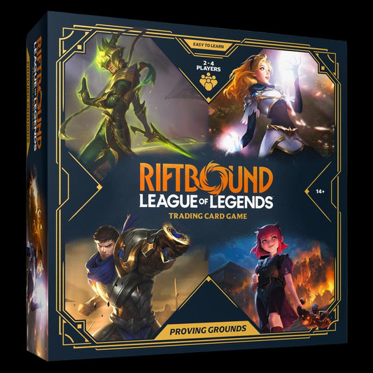 Riftbound League of Legends trading card game box with character illustrations on a dark background