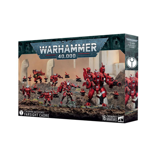 Warhammer 40,000 game box with red warrior figures on a desert battlefield