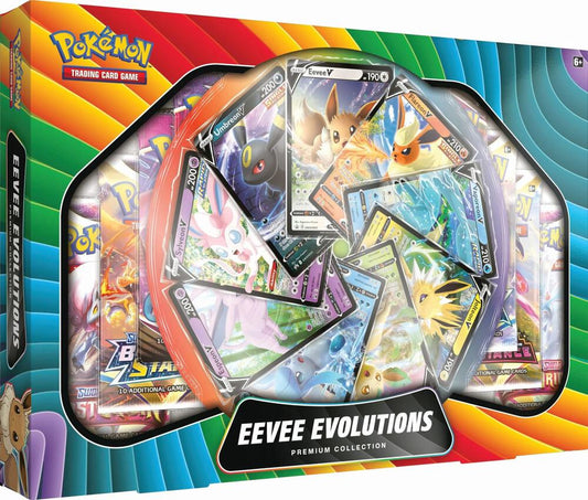 Pokémon trading card game box featuring Eevee evolutions on a colorful background