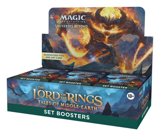 Box of 'The Lord of the Rings: Tales of Middle-Earth' set boosters with dragon illustration on a white background