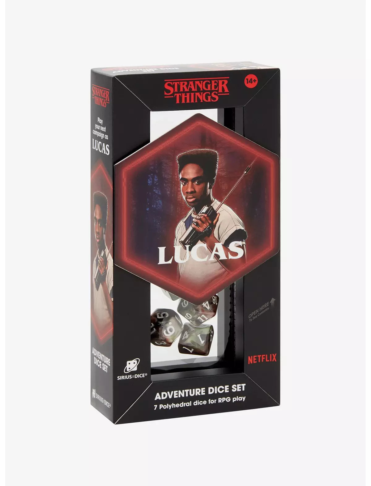Stranger Things Lucas adventure dice set packaging on a white background
