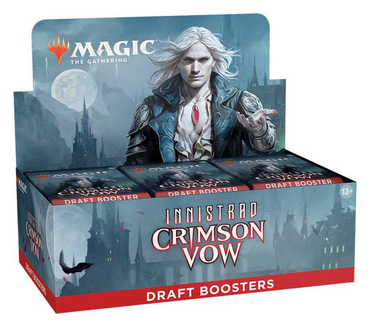 Box of 'Magic: The Gathering' Innistrad Crimson Vow Draft Boosters with character illustration on a white background.