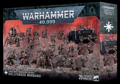 Warhammer 40,000 game box with miniatures and vehicles on a dark background